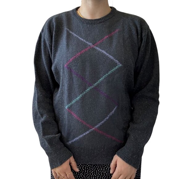 Vintage 1990s Gianfranco Ruffuni Gray Donegal Fleck Ski Argyle Sweater Sz M - Picture 1 of 8